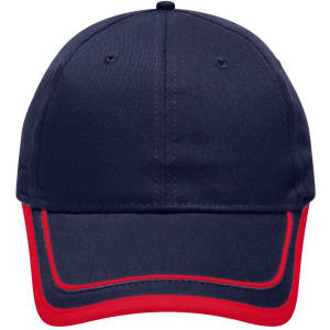 A navy cap with red piping, featuring six panels and a logo on the front.