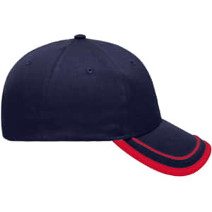 A navy cap with a red piping detail, featuring a curved brim and a logo on the front.