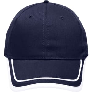 A navy blue 6 panel cap with white piping details and a logo on the front.