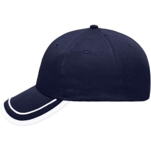 A navy 6 panel cap with a white piping detail and a curved brim. It features a logo on the front.