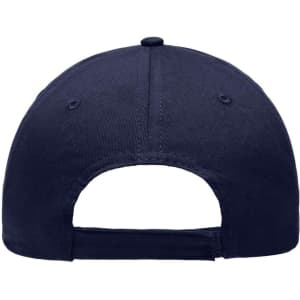 A navy blue 6 panel piping cap, featuring a structured design and an adjustable strap at the back.