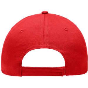 A red 6-panel cap with a back opening and an adjustable strap. It features a logo on the back.