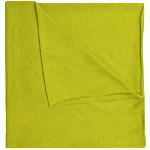 A bright lime green bandanna made from polyester. It features a folded corner and has a logo.