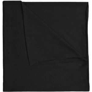 A black polyester bandanna with a textured surface, featuring a logo in one corner.