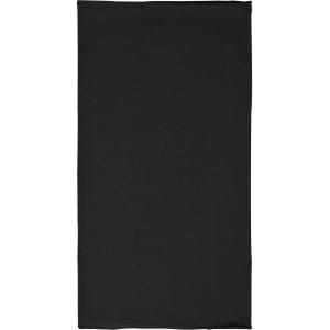 A black polyester bandanna with a logo, suitable for headwear.