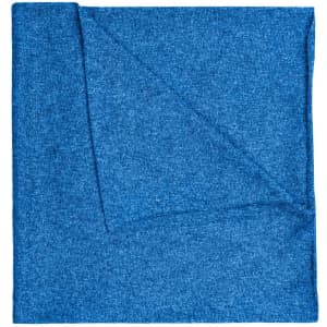 A blue polyester bandanna with a textured appearance, folded and featuring a logo.