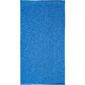 A blue polyester bandanna with a solid pattern and an included logo. Suitable for headwear.