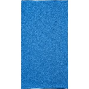 A blue polyester bandanna featuring a textured finish and a logo. Suitable for headwear.