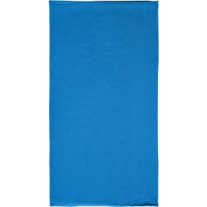 A blue bandanna made from polyester, featuring a simple design and a logo.