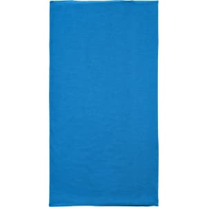A blue polyester bandanna with a simple, solid design and a logo at one corner.