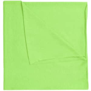 A bright green bandanna made from polyester, featuring a soft, textured fabric. It has a logo on it.