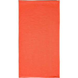 An orange polyester bandanna with a plain design, featuring a logo.