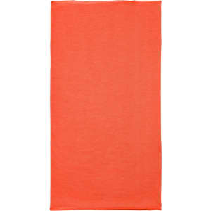 A bright orange polyester bandanna with a plain design, featuring a small logo.