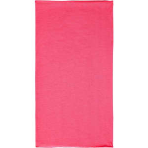 A pink bandanna made of polyester, featuring a logo. Suitable for various headwear styles.