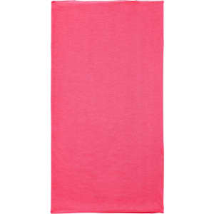 A pink polyester bandanna with a simple design, featuring a logo on the surface.