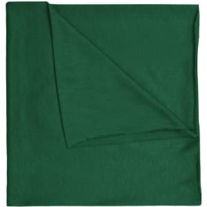 A green polyester bandanna with a soft texture, featuring a folded corner and a logo.
