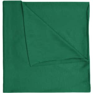 A green polyester bandanna with a smooth texture, featuring a folded corner and a logo.