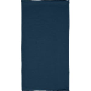 A dark blue headwear bandanna made from Economic X-Tube Polyester, featuring a simple design and a logo.