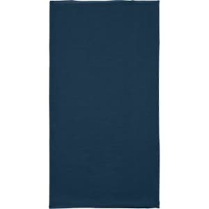 A navy polyester bandanna with a smooth texture and a logo in one corner. Ideal for headwear applications.