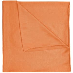 An orange polyester bandanna with a slightly folded corner, featuring a branded logo.