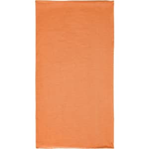 An orange bandanna made of polyester, featuring a logo on the fabric.