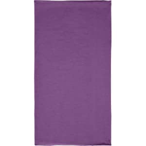 A purple polyester bandanna featuring a logo, designed for headwear use.