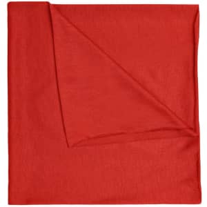A red bandanna made from polyester, featuring a folded corner and a simple design. It includes a logo.
