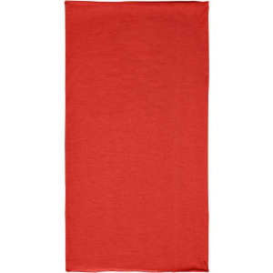 A red polyester bandanna with a plain design, featuring a logo in one corner.