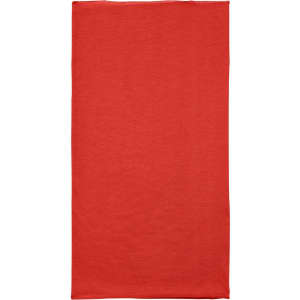 A red polyester bandanna, featuring a simple design and a logo on the surface.