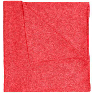 A red polyester bandanna with a textured appearance, featuring a logo in one corner.