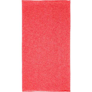 A red polyester bandanna with a textured appearance and a logo in the corner.