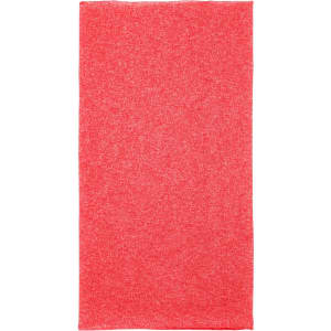 A red polyester bandanna featuring a plain design and a logo. Suitable for headwear use.