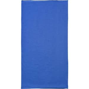 A blue bandanna made of polyester, featuring a plain design and a logo.