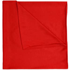 A red polyester bandanna with a slight texture, folded and displayed flat. It features a logo.