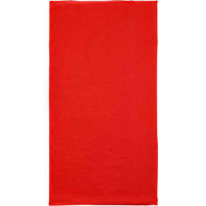 A red polyester bandanna with a smooth surface and logo branding.