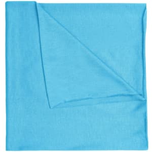 A blue polyester bandanna with a folded corner, featuring a logo. Ideal for headwear use.