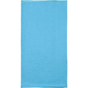 A blue polyester bandanna featuring a simple design and a branding logo.