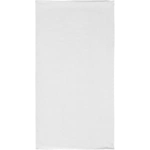 A plain white bandanna made of polyester, featuring a logo. Ideal for versatile headwear use.