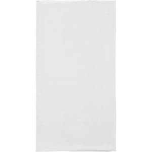 A white bandanna made of polyester, designed for headwear, featuring a logo.