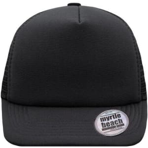 A black 5 Panel Flat Peak Cap featuring a branded logo on the front and a flat peak design.