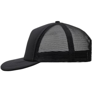 A black 5 panel flat peak cap with a mesh back and an adjustable strap at the rear.