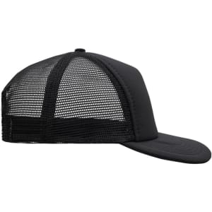 A black 5 panel flat peak cap with a mesh back and a curved brim, featuring a logo on the front.