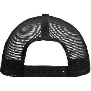 A black 5 panel flat peak cap featuring a mesh back and an adjustable strap, with a logo at the rear.