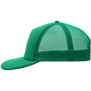A green 5 Panel Flat Peak Cap featuring a mesh back and a solid front panel. It includes a logo on the front.
