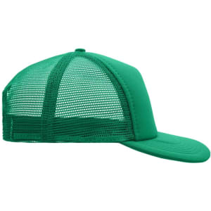 A green 5 panel flat peak cap with a mesh back and a solid front, featuring a logo.