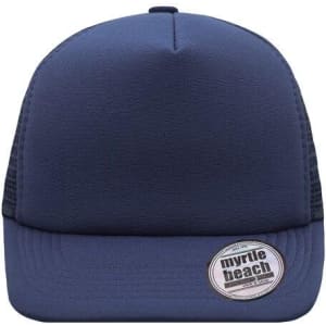 A navy blue 5 panel flat peak cap featuring a logo on the side. The cap has a structured design with mesh panels.