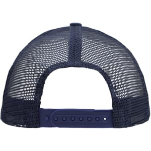 A navy 5 panel flat peak cap with a mesh back and adjustable snap closure. Features a logo on the back.