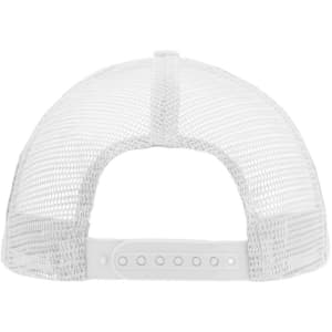 A white 5 Panel Flat Peak Cap featuring a mesh back and adjustable strap. It has a logo on the side.