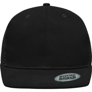A black 6 panel flat peak cap featuring a logo on the visor.
