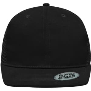 A black 6 panel flat peak cap with a structured design and a logo on the front.